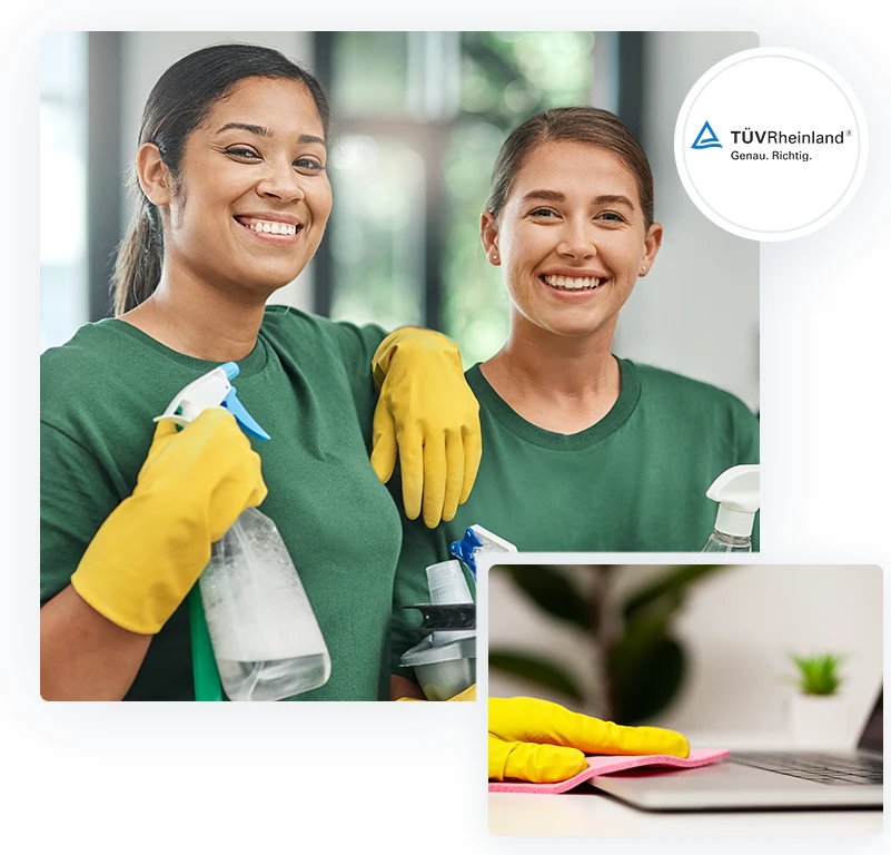 Büroreinigung - zwei lächelnde Frauen in grünen T-Shirts mit einer Sprüflasche in der Hand - Clean Team Reinigung von Büros