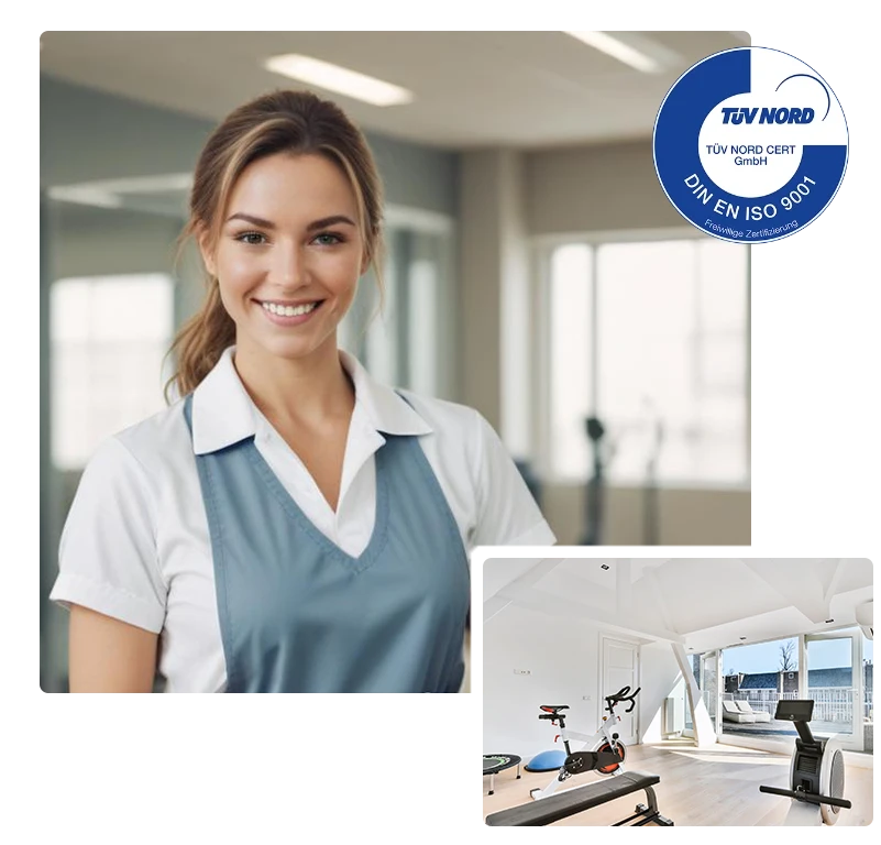 Fitnessstudioreinigung - lächelnde Frau in hellblauer Arbeitskleidung mit brünetten Haaren gebunden zu einem Zopf, TÜV-Logo in einem Fitnessstudio - Clean Team Reinigung von Sportstudios