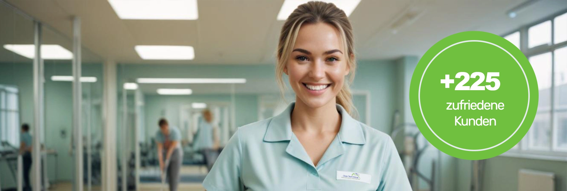 Fitnessstudioreinigung- lächelnde junge Frau in blauer Areitskleidung in einem FitnessstudioKurzhaarige brünette Frau in einem hellblauen T-Shirt, die einen Monitor auf einem Schreibtisch mit einem Lappen säubert - Clean Team Reinigung von Büros