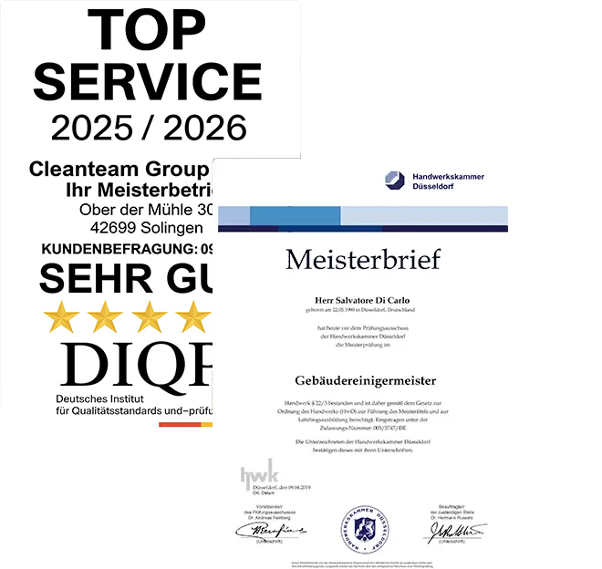 Gebäudereinigung Solingen - Mann mit blauer Arbeitskleidung, blauer Cap-Mütze, Sonnenbrille und gelben Gummistiefeln mit Hochdrucklanze in der Hand putzt eine Wand. Meisterbrief von Clean Team - Clean Team